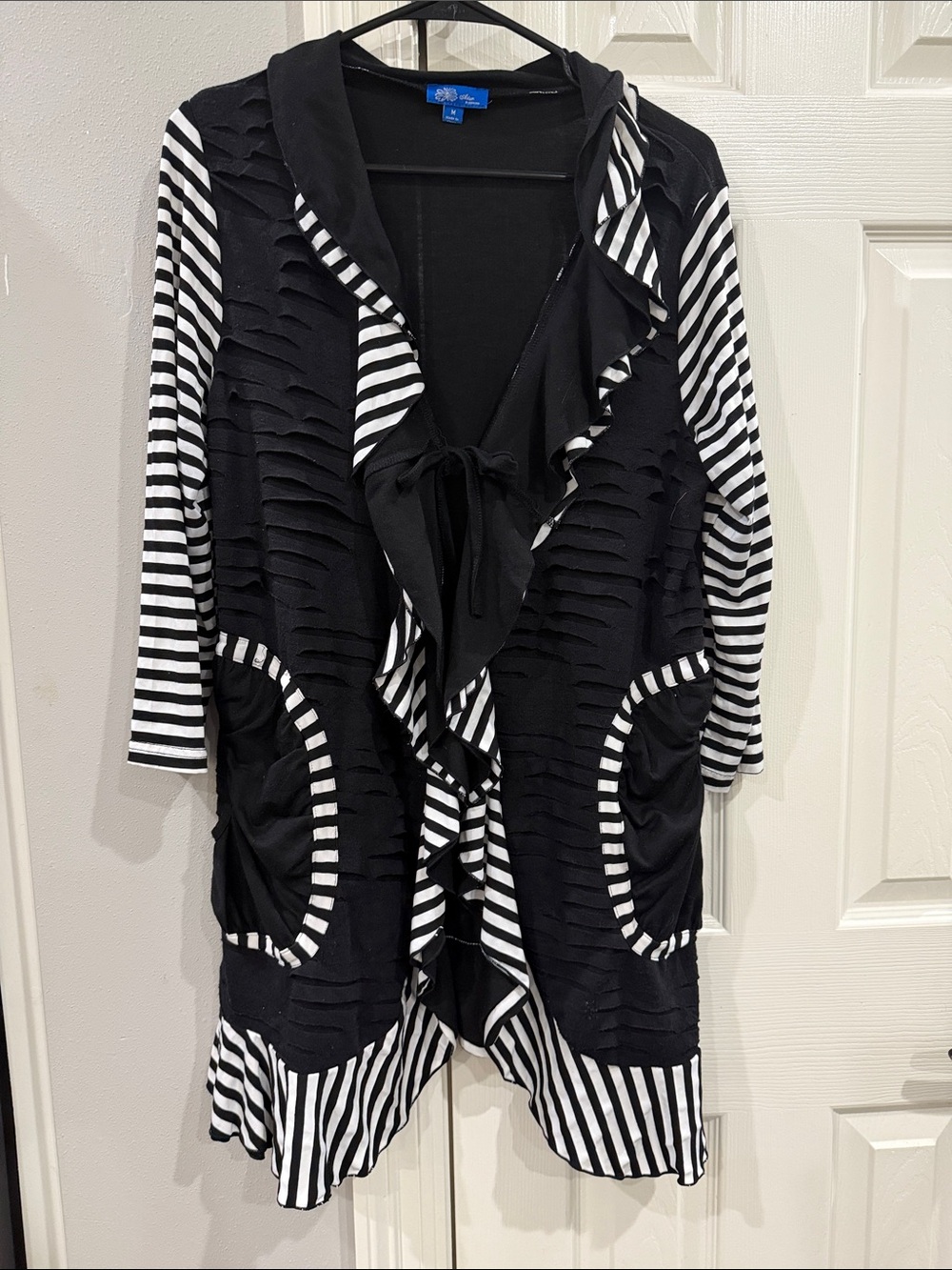 Aster Black and White striped ruffle cardigan